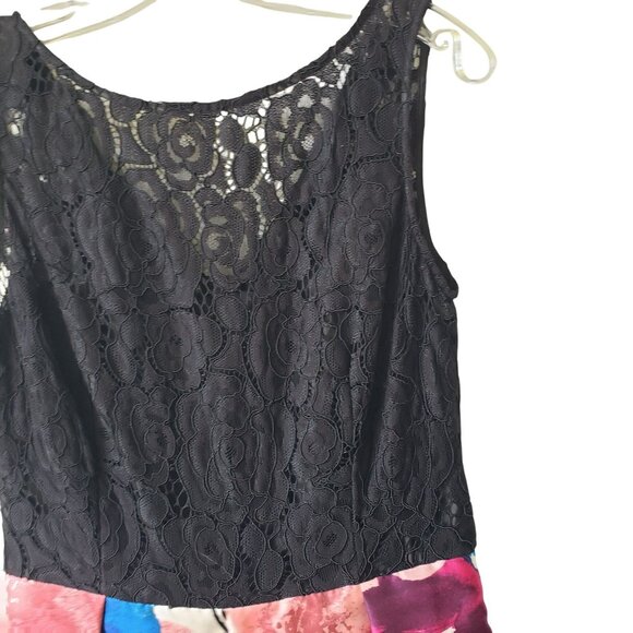 Ellen Tracy Arcadia Print Black Lace Pink Blue Floral Fit and Flare Midi Dress - Picture 7 of 13